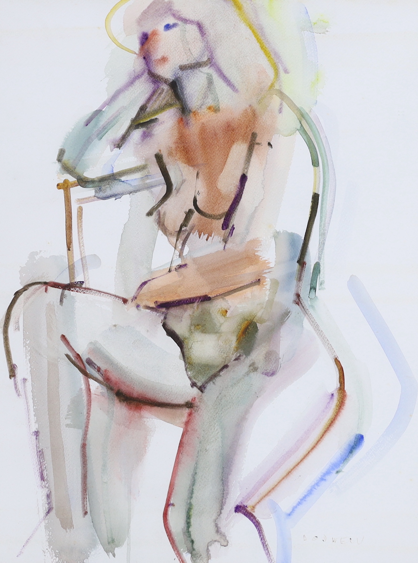 Samuel Dodwell (1909-1990), ink and watercolour, Seated nude lady, signed, details verso, 49 x 38cm